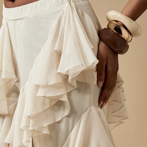 White Casual Women's High Waisted Wide Leg Chiffon Pants - Picture 4 of 6